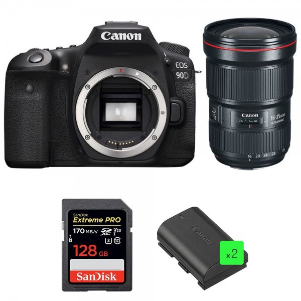 Cámara Canon 90D + EF 16-35mm f/2.8L III USM + SanDisk 128GB Extreme PRO UHS-I SDXC 170 MB/s + 2 LP-E6N-1
