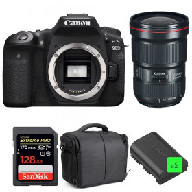 Appareil photo Reflex Canon 90D + EF 16-35mm F2.8L III USM + SanDisk 128GB UHS-I SDXC 170 MB/s + 2 LP-E6N + Sac-1