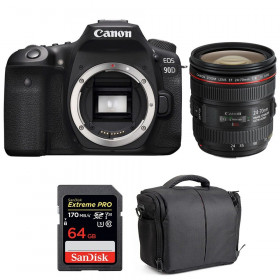 Appareil photo Reflex Canon 90D + EF 24-70mm F4L IS USM + SanDisk 64GB Extreme PRO UHS-I SDXC 170 MB/s + Sac-1