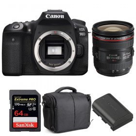 Appareil photo Reflex Canon 90D + EF 24-70mm F4L IS USM + SanDisk 64GB UHS-I SDXC 170 MB/s + LP-E6N + Sac-1