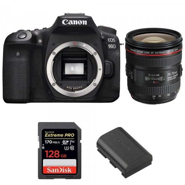 Cámara Canon 90D + EF 24-70mm f/4L IS USM + SanDisk 128GB Extreme PRO UHS-I SDXC 170 MB/s + LP-E6N-1