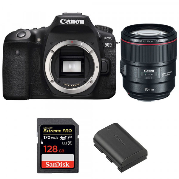 Cámara Canon 90D + EF 85mm f/1.4L IS USM + SanDisk 128GB Extreme PRO UHS-I SDXC 170 MB/s + LP-E6N-1