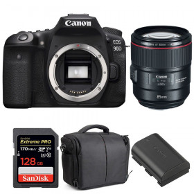 Appareil photo Reflex Canon 90D + EF 85mm F1.4L IS USM + SanDisk 128GB UHS-I SDXC 170 MB/s + LP-E6N + Sac-1