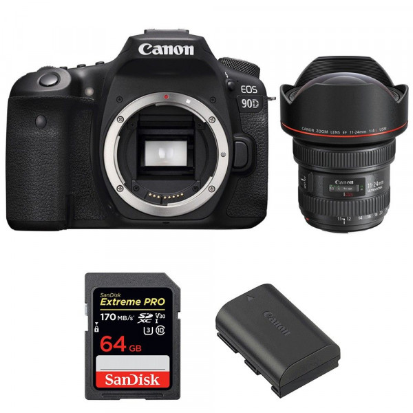 Cámara Canon 90D + EF 11-24mm f/4L USM + SanDisk 64GB Extreme PRO UHS-I SDXC 170 MB/s + LP-E6N-1