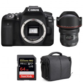 Appareil photo Reflex Canon 90D + EF 11-24mm F4L USM + SanDisk 64GB Extreme PRO UHS-I SDXC 170 MB/s + Sac-1