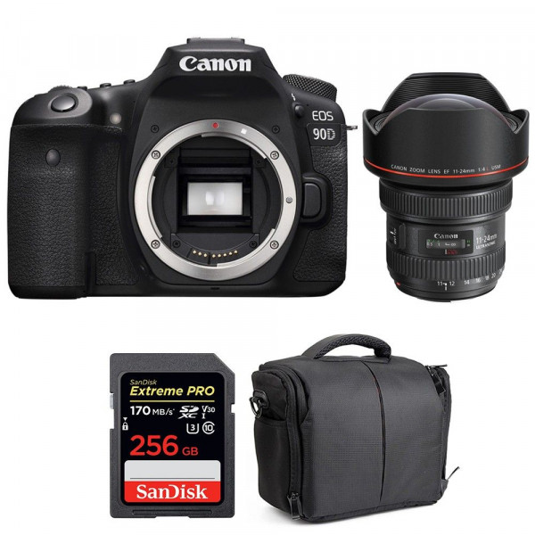 Appareil photo Reflex Canon 90D + EF 11-24mm F4L USM + SanDisk 256GB Extreme PRO UHS-I SDXC 170 MB/s + Sac-1