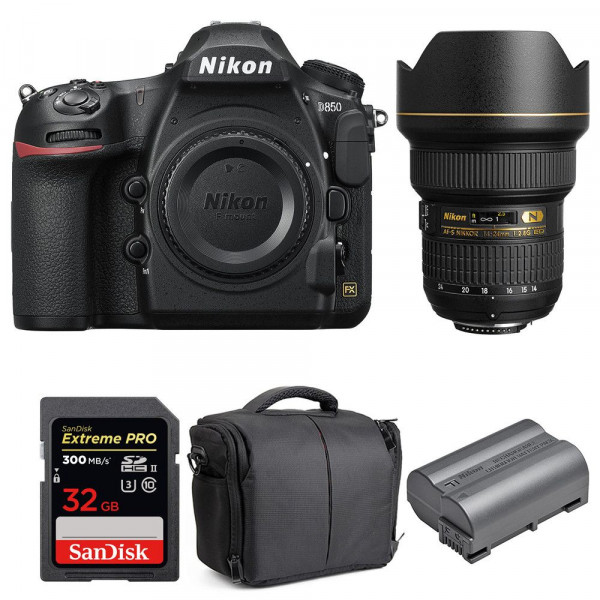 Appareil photo Reflex Nikon D850 + 14-24mm F2.8G ED + SanDisk 32GB Extreme PRO UHS-II SDXC 300MB/s + EN-EL15b + Sac-10