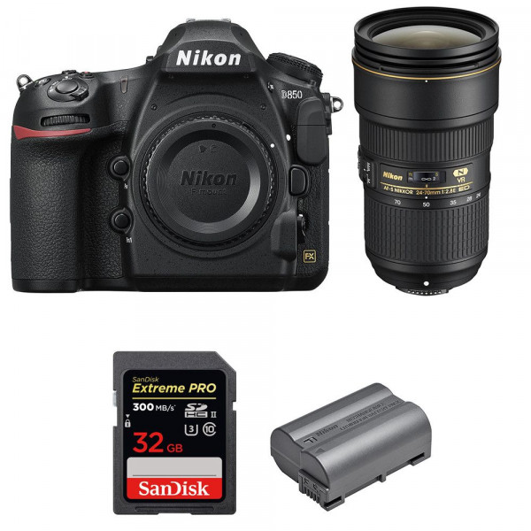 Appareil photo Reflex Nikon D850 + 24-70mm F2.8E ED VR + SanDisk 32GB Extreme PRO UHS-II SDXC 300MB/s + EN-EL15b-10