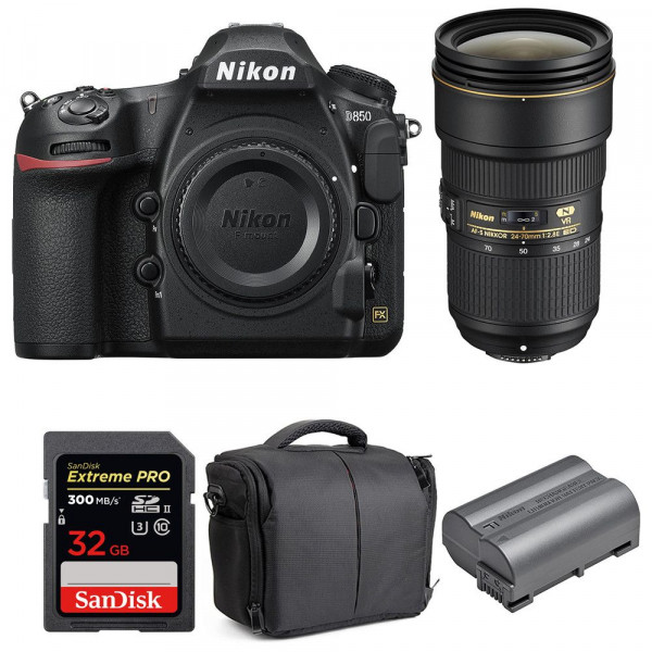 Appareil photo Reflex Nikon D850 + 24-70mm F2.8E ED VR + SanDisk 32GB Extreme PRO UHS-II SDXC 300MB/s + EN-EL15b + Sac-10