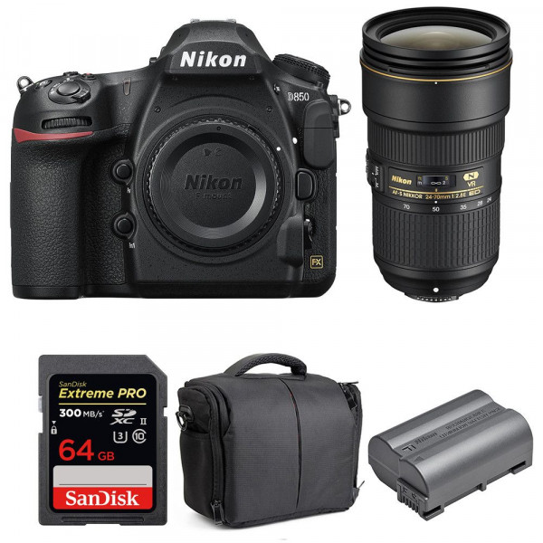 Appareil photo Reflex Nikon D850 + 24-70mm F2.8E ED VR + SanDisk 64GB Extreme PRO UHS-II SDXC 300MB/s + EN-EL15b + Sac-10