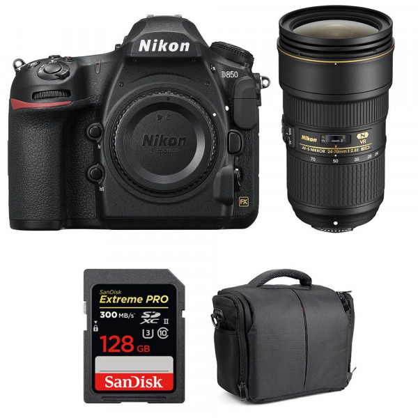 Appareil photo Reflex Nikon D850 + 24-70mm F2.8E ED VR + SanDisk 128GB Extreme PRO UHS-II SDXC 300MB/s + Sac-10