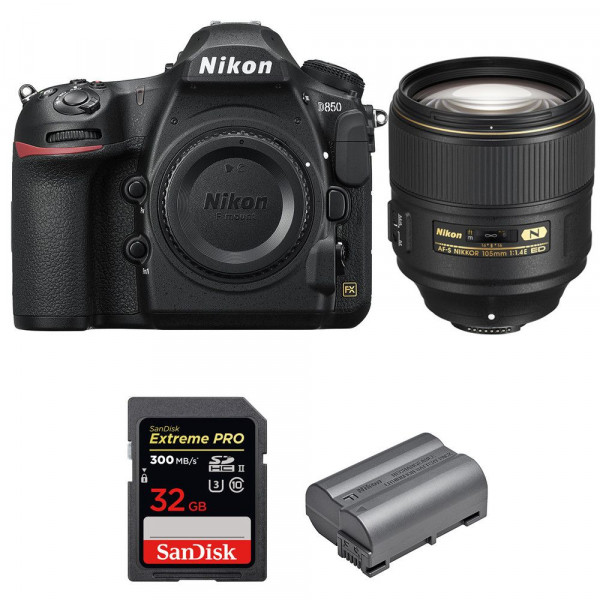 Appareil photo Reflex Nikon D850 + 105mm F1.4E ED + SanDisk 32GB Extreme PRO UHS-II SDXC 300MB/s + EN-EL15b-10