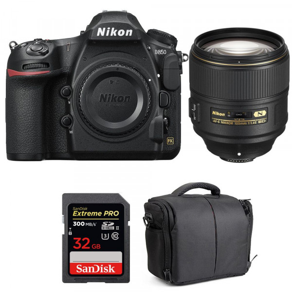 Appareil photo Reflex Nikon D850 + 105mm F1.4E ED + SanDisk 32GB Extreme PRO UHS-II SDXC 300MB/s + Sac-10