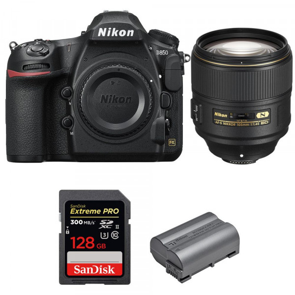 Cámara Nikon D850 + 105mm f/1.4E ED + SanDisk 128GB Extreme PRO UHS-II SDXC 300MB/s + EN-EL15b-10