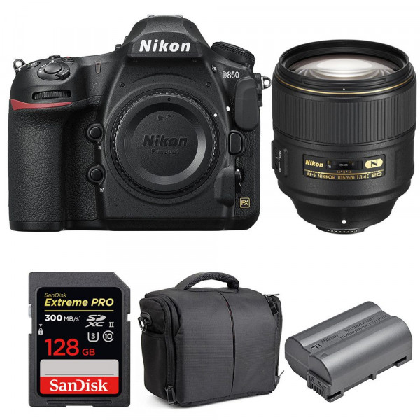 Appareil photo Reflex Nikon D850 + 105mm F1.4E ED + SanDisk 128GB Extreme PRO UHS-II SDXC 300MB/s + EN-EL15b + Sac-10