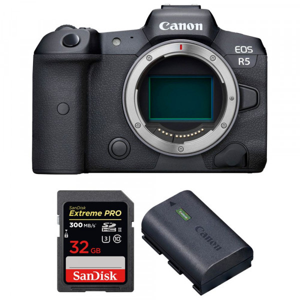 Appareil photo hybride Canon R5 Nu + SanDisk 32GB Extreme PRO UHS-II SDXC 300 MB/s + Canon LP-E6NH-1