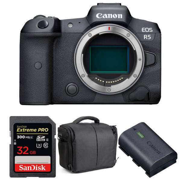 Appareil photo hybride Canon R5 Nu + SanDisk 32GB Extreme PRO UHS-II SDXC 300 MB/s + Canon LP-E6NH + Sac-1