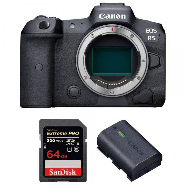 Appareil photo hybride Canon R5 Nu + SanDisk 64GB Extreme PRO UHS-II SDXC 300 MB/s + Canon LP-E6NH-1