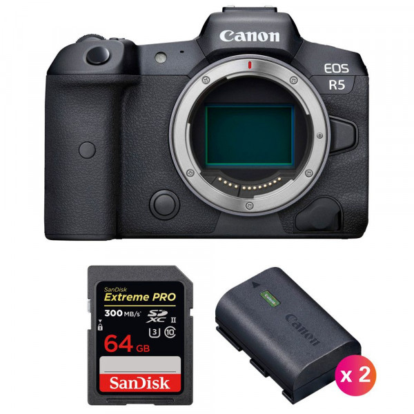 Cámara mirrorless Canon R5 Cuerpo + SanDisk 64GB Extreme PRO UHS-II SDXC 300 MB/s + 2 Canon LP-E6NH-1
