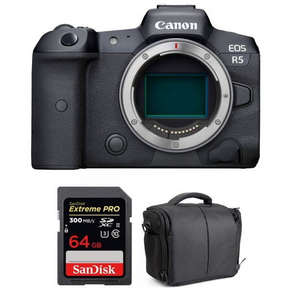 Appareil photo hybride Canon R5 Nu + SanDisk 64GB Extreme PRO UHS-II SDXC 300 MB/s + Sac-1