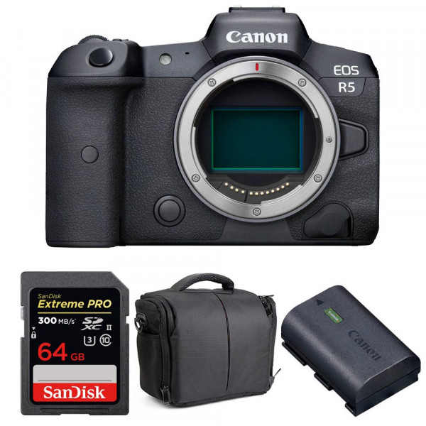 Appareil photo hybride Canon R5 Nu + SanDisk 64GB Extreme PRO UHS-II SDXC 300 MB/s + Canon LP-E6NH + Sac-1