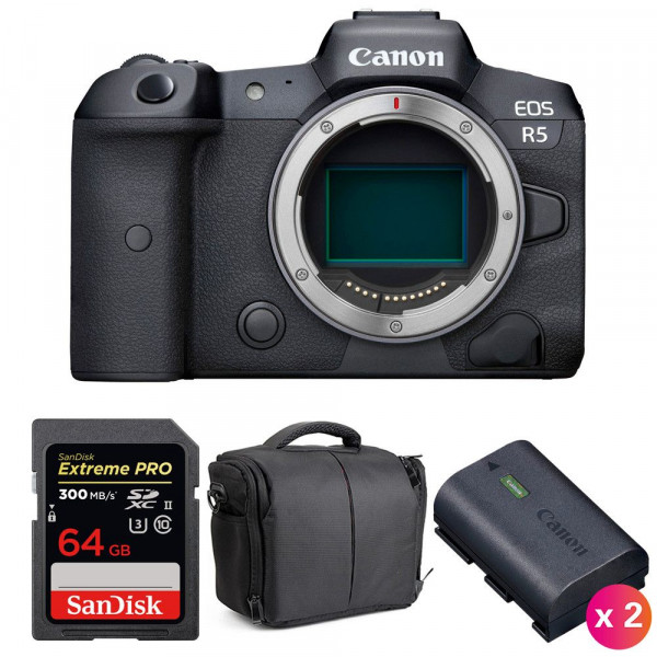 Cámara mirrorless Canon R5 Cuerpo + SanDisk 64GB Extreme PRO UHS-II SDXC 300 MB/s + 2 Canon LP-E6NH + Bolsa-1