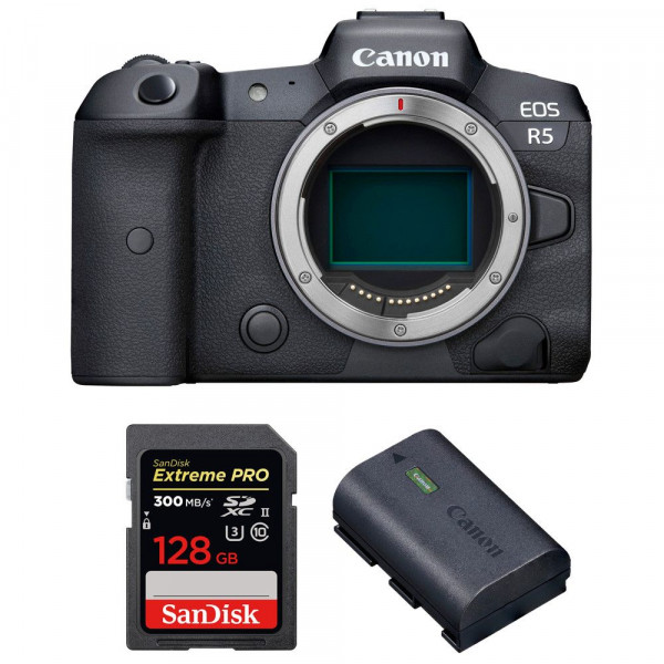 Cámara mirrorless Canon R5 Cuerpo + SanDisk 128GB Extreme PRO UHS-II SDXC 300 MB/s + Canon LP-E6NH-1
