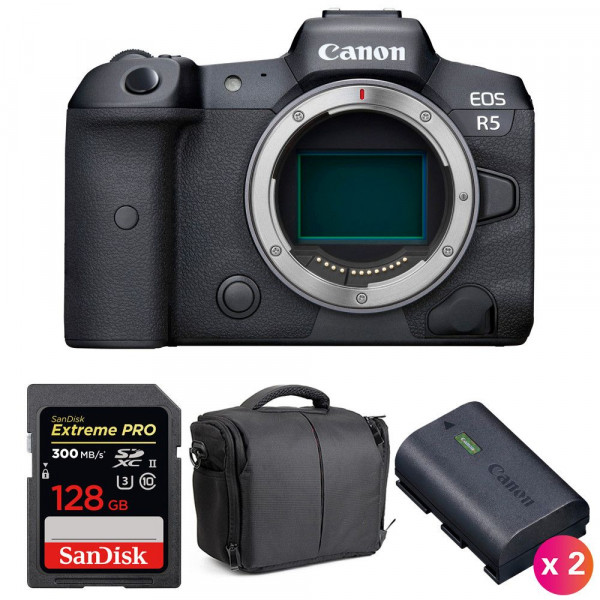 Cámara mirrorless Canon R5 Cuerpo + SanDisk 128GB Extreme PRO UHS-II SDXC 300 MB/s + 2 Canon LP-E6NH + Bolsa-1
