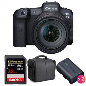 Canon EOS R5 + RF 24-105mm f/4L IS USM + SanDisk 32GB UHS-II SDXC 300 MB/s + 2 Canon LP-E6NH + Bolsa - Contenido de la caja