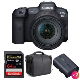 Canon EOS R5 + RF 24-105mm f/4L IS USM + SanDisk 64GB UHS-II SDXC 300 MB/s + 2 Canon LP-E6NH + Bolsa - Contenido de la caja