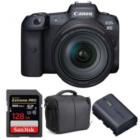 Canon EOS R5 + RF 24-105mm f/4L IS USM + SanDisk 128GB UHS-II SDXC 300 MB/s + Canon LP-E6NH + Bolsa - Contenido de la caja