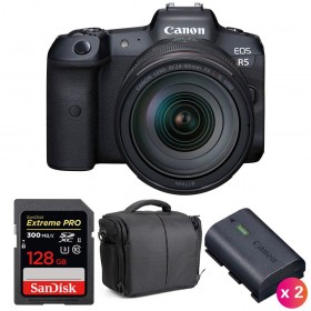 Canon EOS R5 + RF 24-105mm f/4L IS USM + SanDisk 128GB UHS-II SDXC 300 MB/s + 2 Canon LP-E6NH + Bolsa - Contenido de la caja