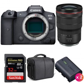 Canon EOS R5 + RF 15-35mm f/2.8L IS USM + SanDisk 32GB UHS-II SDXC 300 MB/s + 2 Canon LP-E6NH + Bolsa - Contenido de la caja