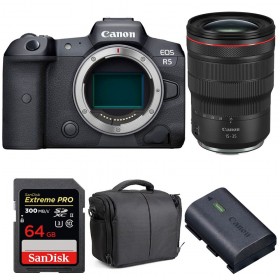 Canon EOS R5 + RF 15-35mm f/2.8L IS USM + SanDisk 64GB UHS-II SDXC 300 MB/s + Canon LP-E6NH + Bolsa - Contenido de la caja