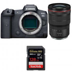 Canon EOS R5 + RF 15-35mm f/2.8L IS USM + SanDisk 128GB Extreme PRO UHS-II SDXC 300 MB/s - Contenido de la caja
