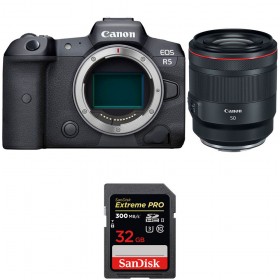 Canon EOS R5 + RF 50mm f/1.2L USM + SanDisk 32GB Extreme PRO UHS-II SDXC 300 MB/s - Contenido de la caja