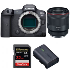 Canon EOS R5 + RF 50mm f/1.2L USM + SanDisk 32GB Extreme PRO UHS-II SDXC 300 MB/s + Canon LP-E6NH - Contenido de la caja