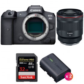 Canon EOS R5 + RF 50mm f/1.2L USM + SanDisk 32GB Extreme PRO UHS-II SDXC 300 MB/s + 2 Canon LP-E6NH - Contenido de la caja