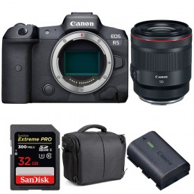 Canon EOS R5 + RF 50mm f/1.2L USM + SanDisk 32GB UHS-II SDXC 300 MB/s + Canon LP-E6NH + Bolsa - Contenido de la caja