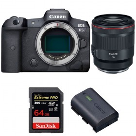 Canon EOS R5 + RF 50mm f/1.2L USM + SanDisk 64GB Extreme PRO UHS-II SDXC 300 MB/s + Canon LP-E6NH - Contenido de la caja
