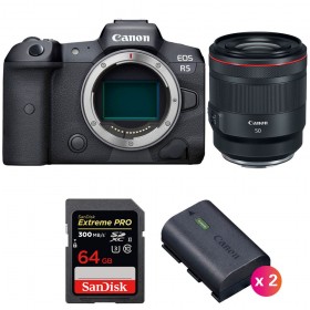 Canon EOS R5 + RF 50mm f/1.2L USM + SanDisk 64GB Extreme PRO UHS-II SDXC 300 MB/s + 2 Canon LP-E6NH - Contenido de la caja