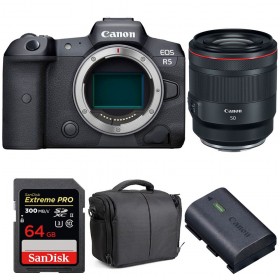 Canon EOS R5 + RF 50mm f/1.2L USM + SanDisk 64GB UHS-II SDXC 300 MB/s + Canon LP-E6NH + Bolsa - Contenido de la caja