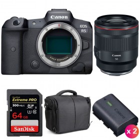 Canon EOS R5 + RF 50mm f/1.2L USM + SanDisk 64GB UHS-II SDXC 300 MB/s + 2 Canon LP-E6NH + Bolsa - Contenido de la caja
