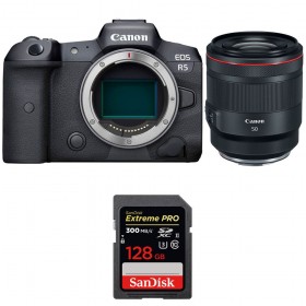 Canon EOS R5 + RF 50mm f/1.2L USM + SanDisk 128GB Extreme PRO UHS-II SDXC 300 MB/s - Contenido de la caja