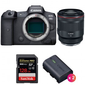 Canon EOS R5 + RF 50mm f/1.2L USM + SanDisk 128GB Extreme PRO UHS-II SDXC 300 MB/s + 2 Canon LP-E6NH - Contenido de la caja