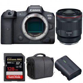 Canon EOS R5 + RF 50mm f/1.2L USM + SanDisk 128GB UHS-II SDXC 300 MB/s + Canon LP-E6NH + Bolsa - Contenido de la caja