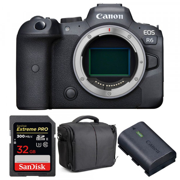 Appareil photo hybride Canon R6 Nu + SanDisk 32GB Extreme PRO UHS-II SDXC 300 MB/s + Canon LP-E6NH + Sac-1