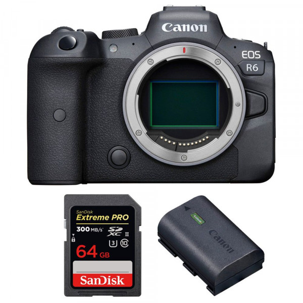 Appareil photo hybride Canon R6 Nu + SanDisk 64GB Extreme PRO UHS-II SDXC 300 MB/s + Canon LP-E6NH-1