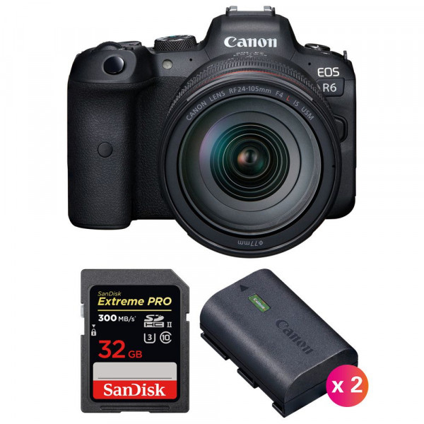 Cámara mirrorless Canon R6 + RF 24-105mm f/4L IS USM + SanDisk 32GB Extreme PRO UHS-II SDXC 300 MB/s + 2 Canon LP-E6NH-1