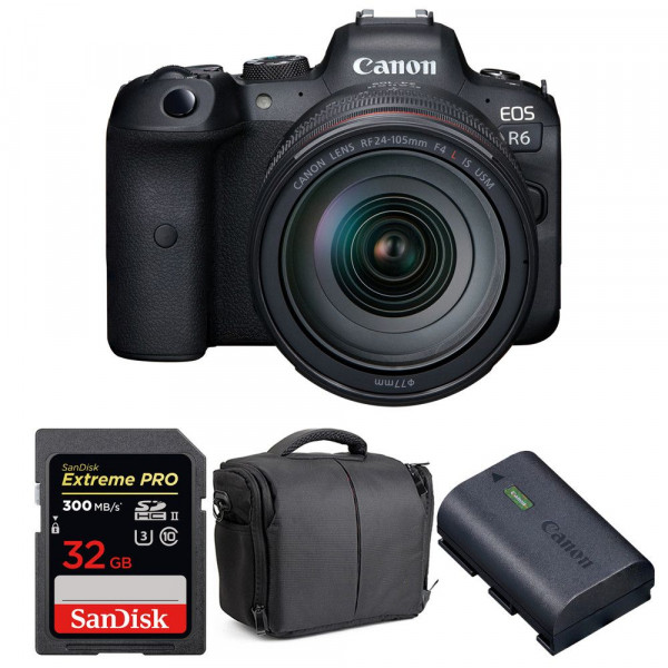 Appareil photo hybride Canon R6 + RF 24-105mm F4L IS USM + SanDisk 32GB Extreme PRO UHS-II SDXC 300 MB/s + LP-E6NH + Sac-1
